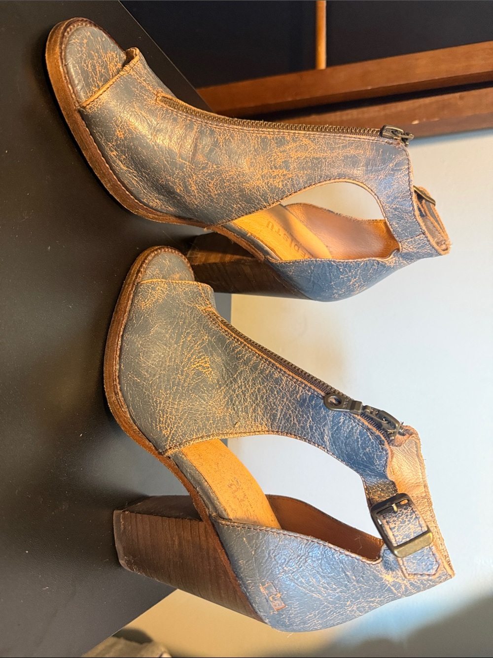 Bed Stu Navy Distressed Peep-Toe Block Heel Sandals